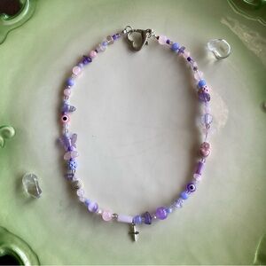 Northern Star Pink & Purple Beaded Necklace Mixed Beads Silver Heart Rose Quartz